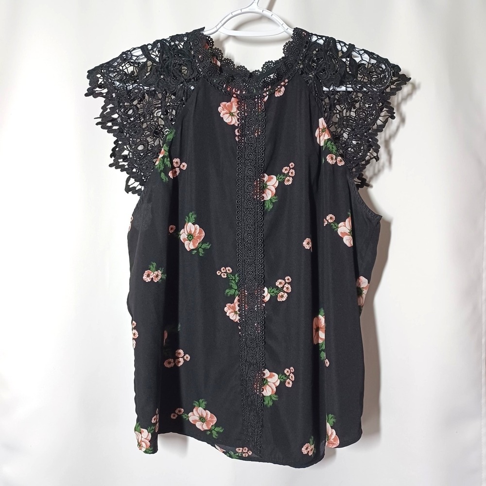 NOBO Junior XL Black Floral Crochet Lace Sleeveless Blouse Top Keyhole